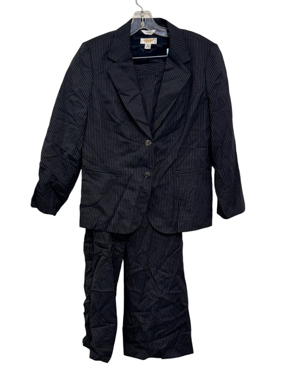 Talbots Petites Womens Pinstripe Suit Blazer & Pants Size 8 Stretch Navy Wool Bl
